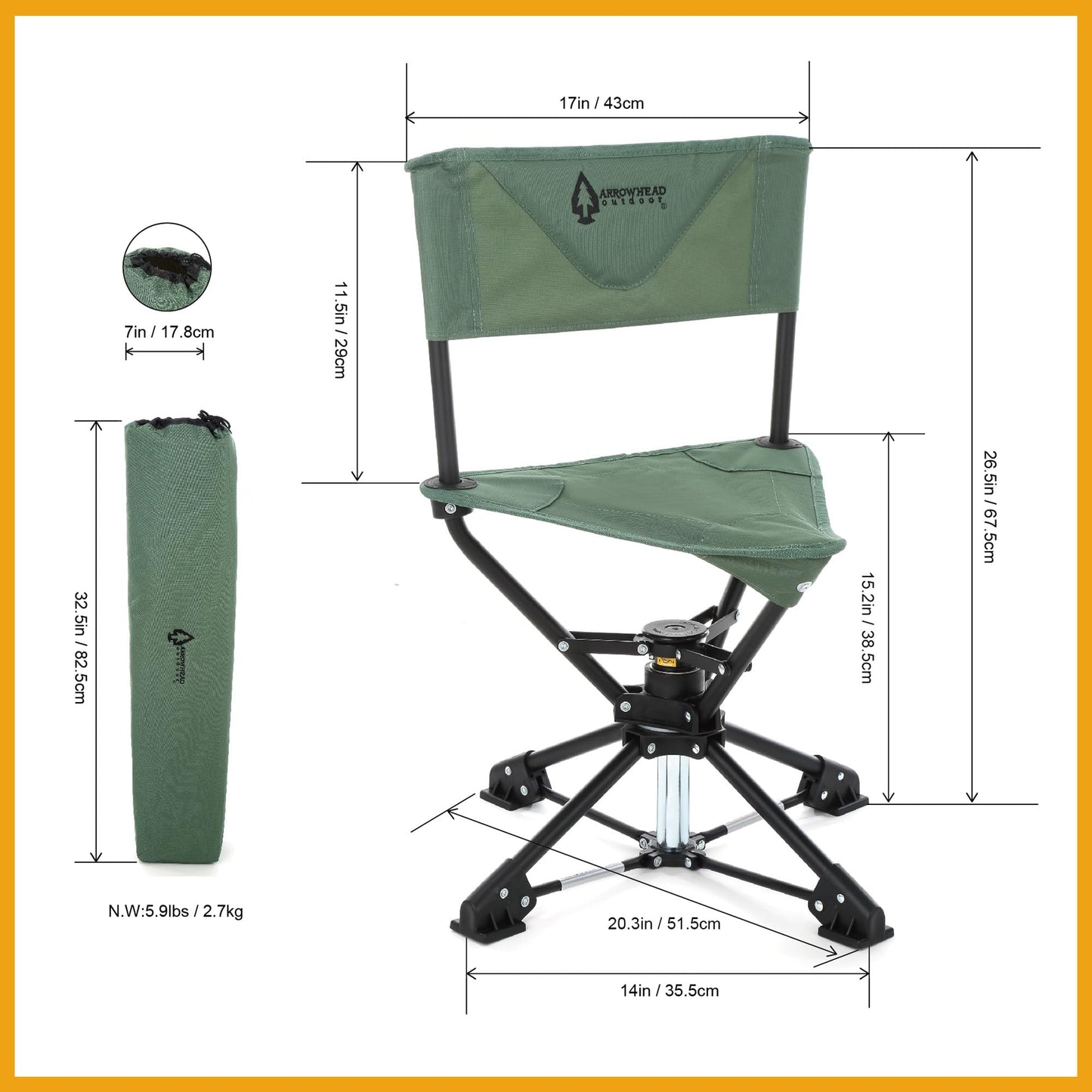 ARROWHEAD OUTDOOR 360° Degree Swivel Hunting Chair Stool Seat, Perfect for Blinds, No Sink Feet, Supports up to 450lbs, Carrying Case, Steel Frame, Fishing, High-Grade 600D Canvas