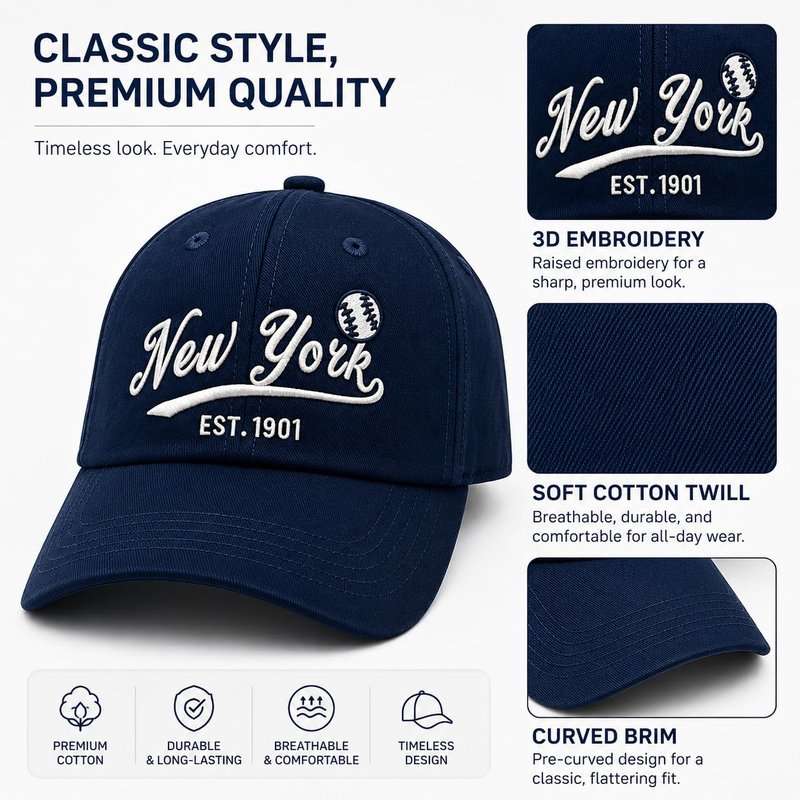 Embroidered City Cotton New York Baseball Cap, Adjustable Classic Vintage Fans Baseball Hat for Men Women