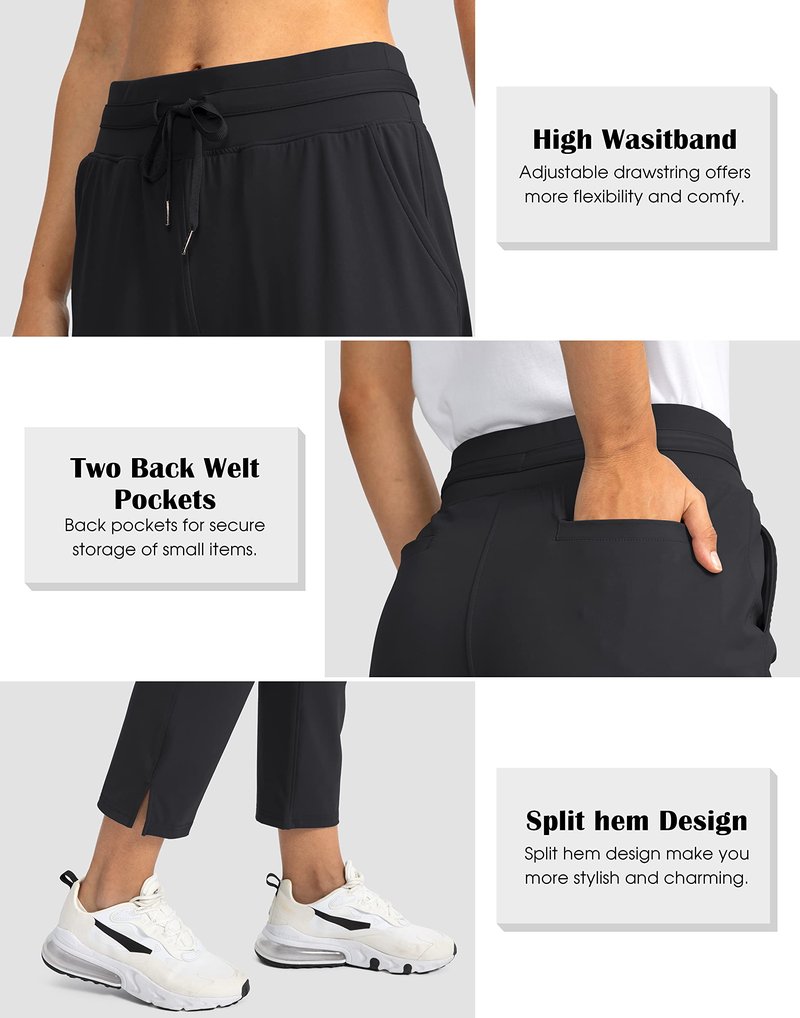 Soothfeel Women's Pants with 4 Pockets 7/8 Stretch High Waisted Sweatpants Travel Athletic Work Golf Pants for Women(Black, Large)