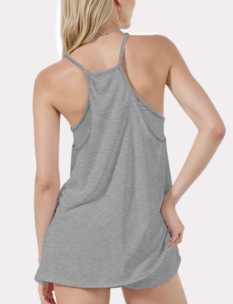 Buauty Women Summer Sleeveless Mini Rompers Dress, Built-in Shorts & Pockets, Workout Tennis Outfit for Running, Yoga, Beach Grey