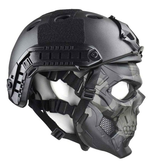 JFFCESTORE Tactical Mask and Fast Helmet,Protective Full Face Clear Goggle Skull mask Dual Mode Wearing Design, Adjustable Helmet Chin Strap Large Size for Adult (Mask+Helmet Camo)