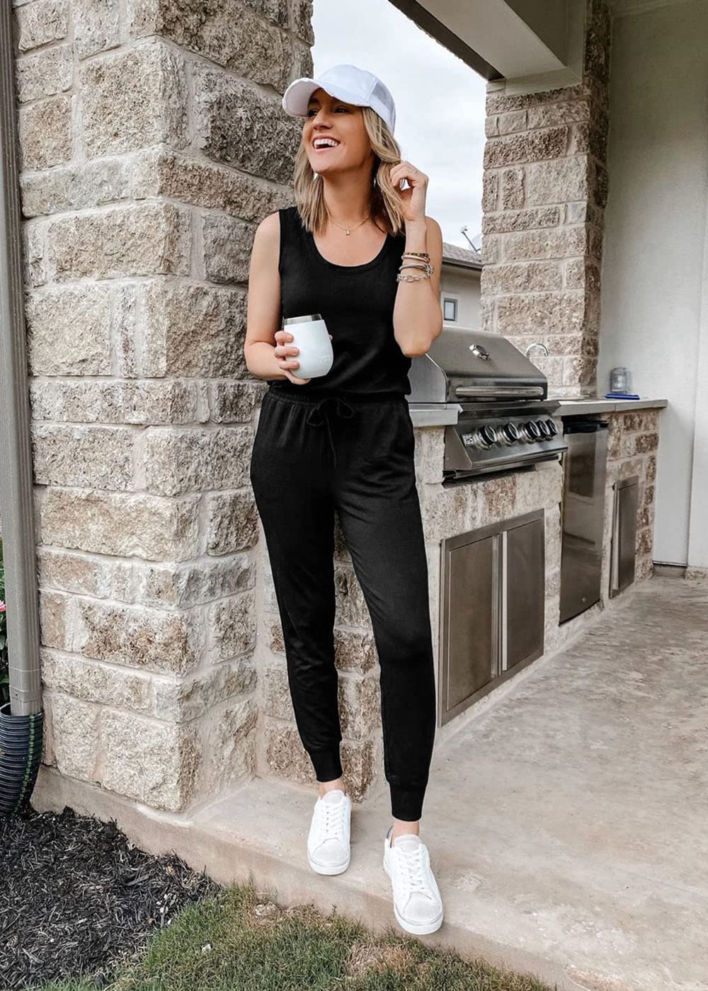 PRETTYGARDEN Women's Two Piece Outfit Sets Casual Summer Sleeveless Crewneck Tops and Sweatpants Active Tracksuit Lounge Wear (Black,Medium)