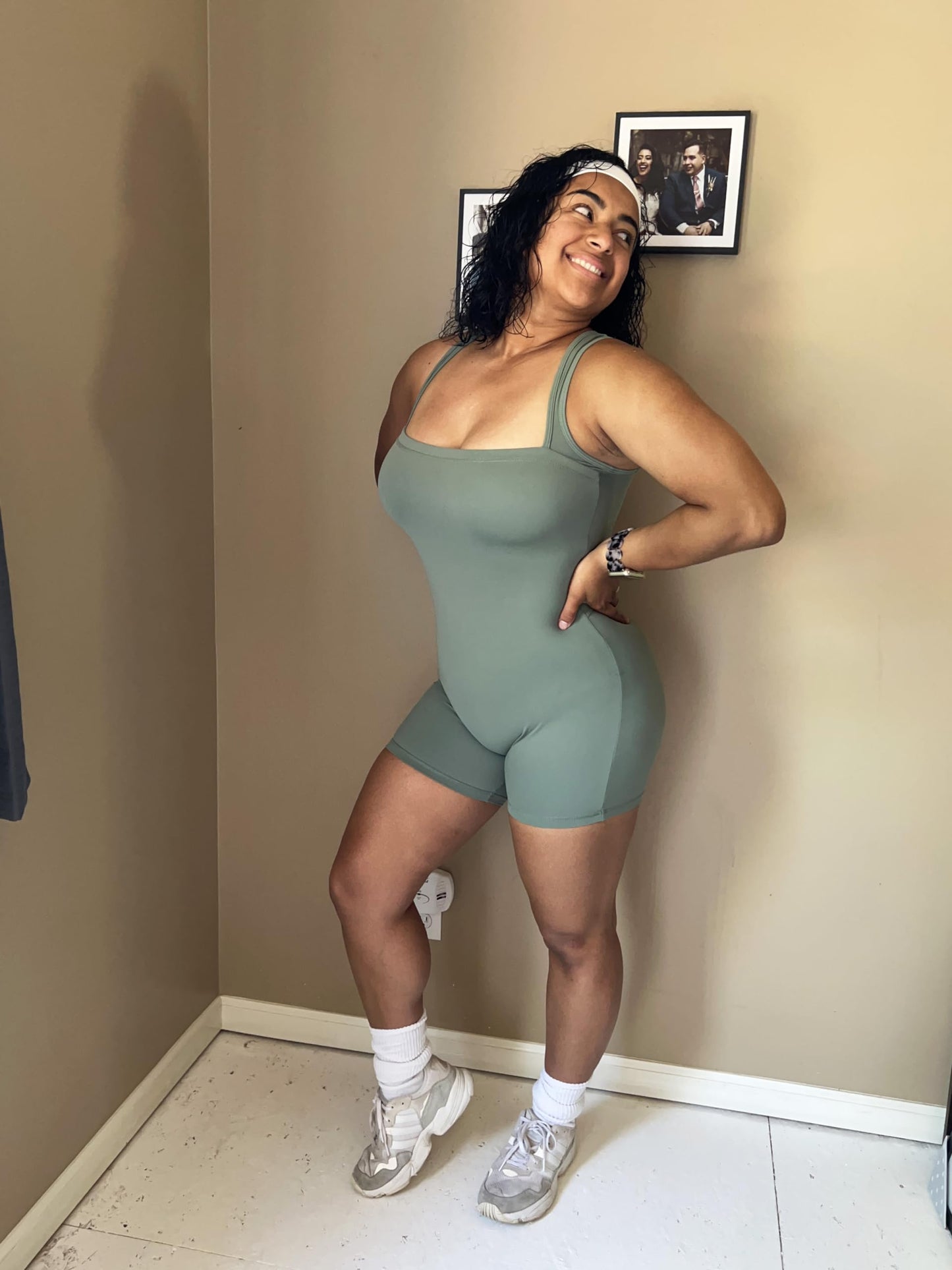 Sunzel Athletic Romper for Women Workout Tank Top Bodysuit One Piece Buttery Soft Jumpsuit Scrunch Shorts Yoga Gym Outfit Sage Green Medium