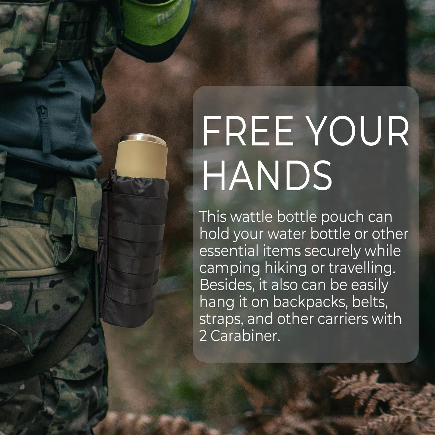Tanzueji Upgraded Sports Tactical MOLLE Water Bottle Pouch with 2 Carabiners, Drawstring Open Top & Mesh Bottom Travel Hydration Carrier for Outdoor Hiking Camping