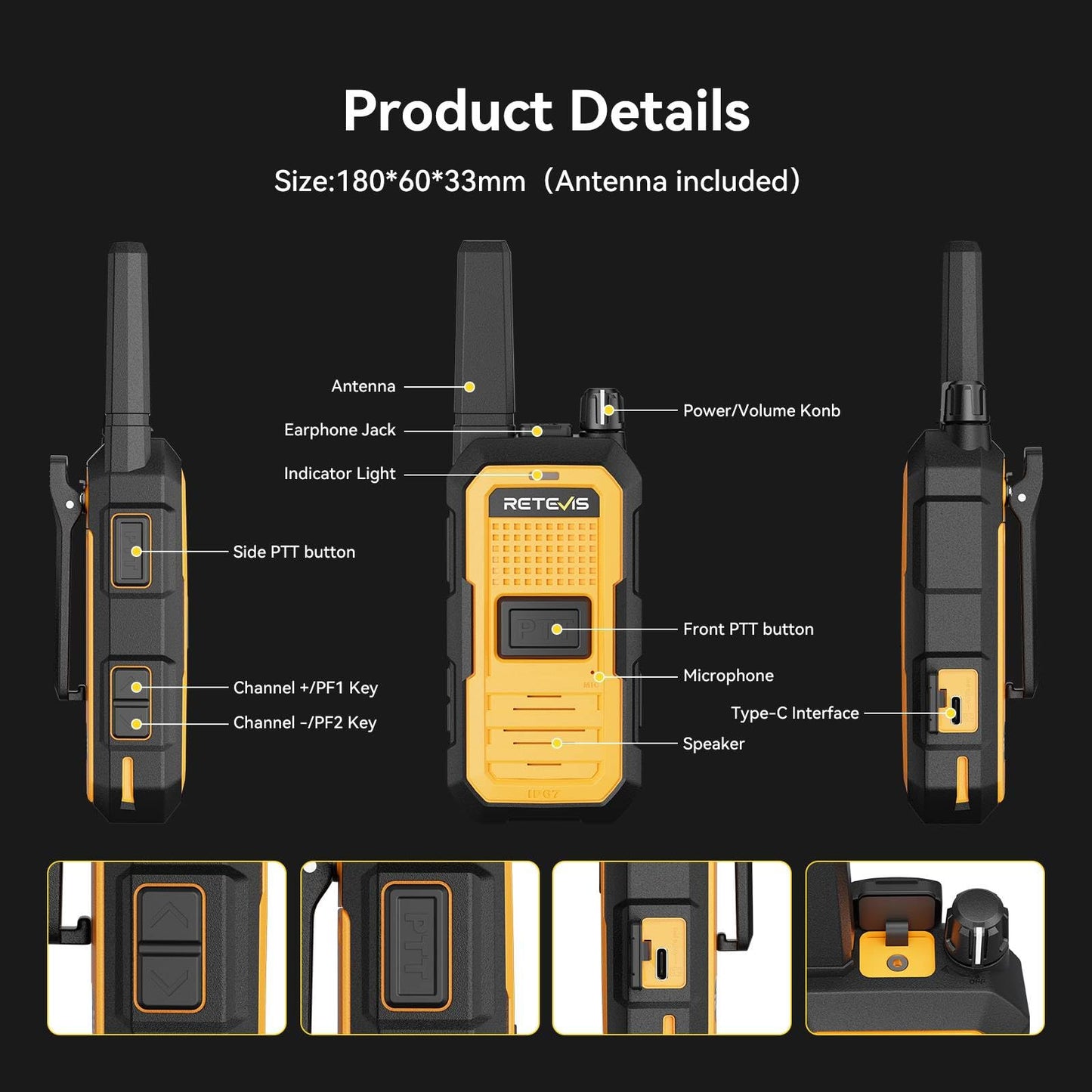 Retevis RB48A Heavy-Duty Waterproof Walkie Talkies, Rugged & Shockproof Two Way Radios Long Range, IP67, Noise Reduction, Oversized Front PTT, 23-Hour Battery, Antenna ID Rings, NOAA (4 Pack)
