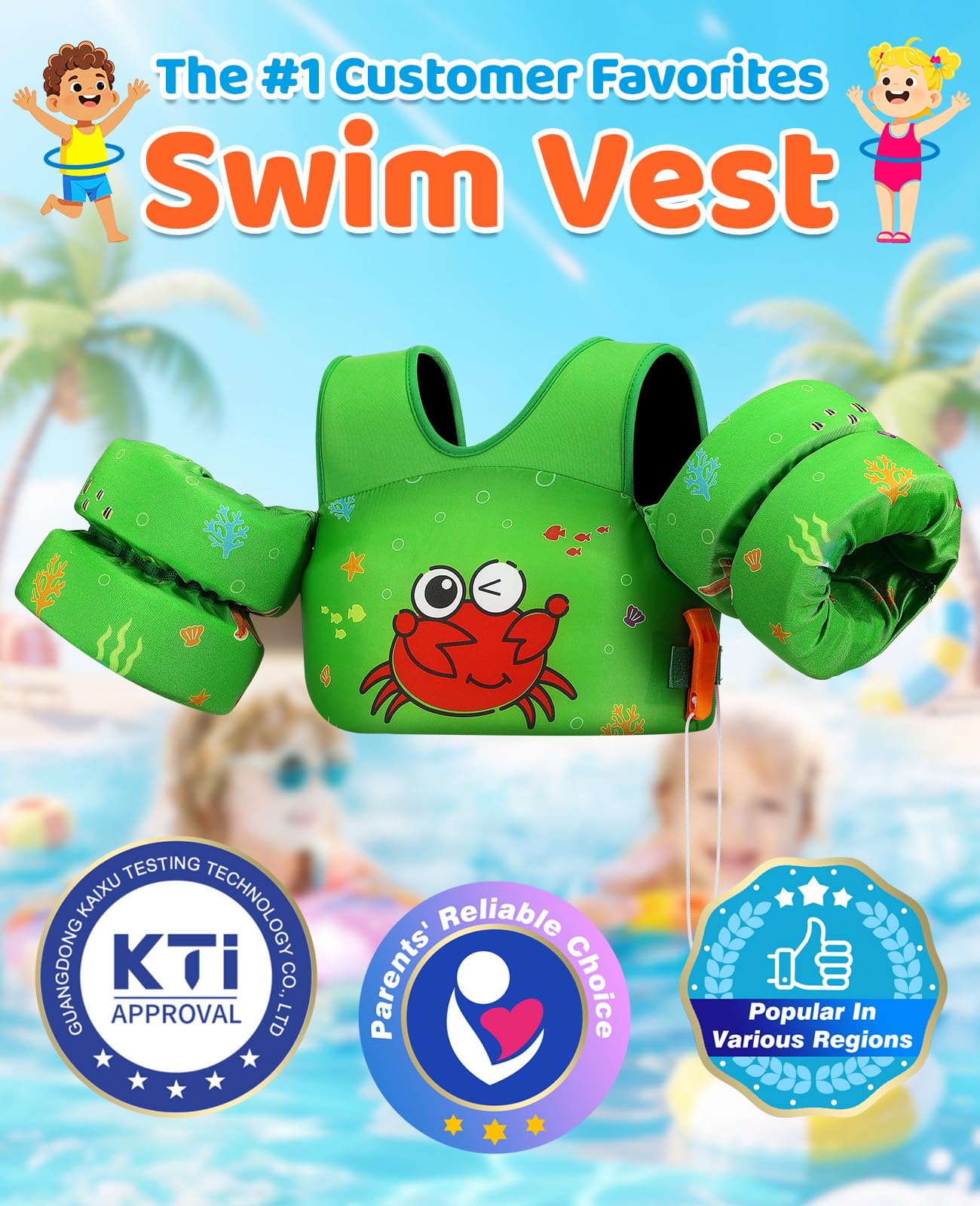 HeySplash Swim Vest for Kids, Puddle Float Jumper with Safety Buckle