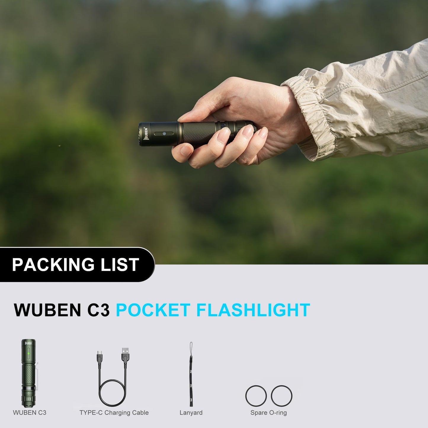 WUBEN C3 Flashlight 1200 High Lumens Rechargeable Flashlights 6 Modes Super Bright IP68 LED Tactical Flashlight for Camping, Home, Emergenc, Inspection, Repair, Tool Gifts for Men(Army Green)