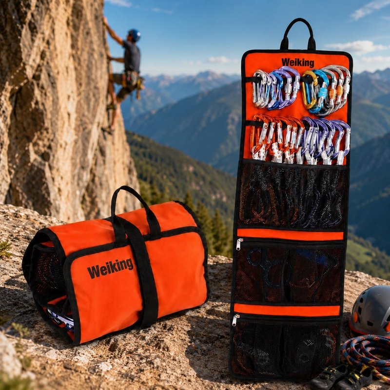Climbing Quickdraw Hanging Storage Bag, Carabiner Hook Gear Equipment Parts Collections, Durable Foldable Bundled Roll Anti-scratch Bag, Small Tools Organizer Pouch, suit for Rock Climbing Ice Climb
