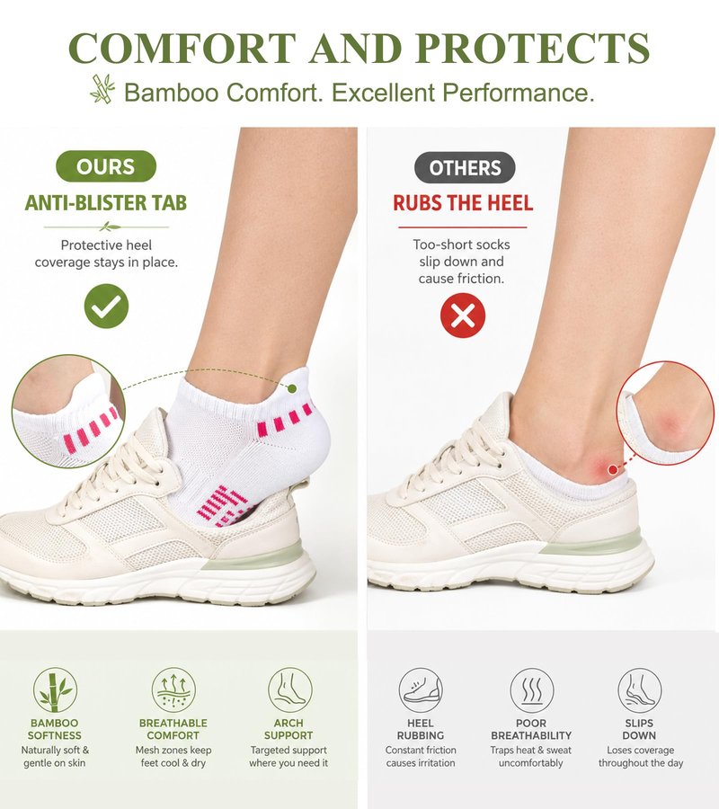floconssy Ankle Socks for Women, Bamboo Viscose White Cushioned Running Socks Low Cut Athletic Short Footies with Heel Tab 5 Pairs Size 10-12