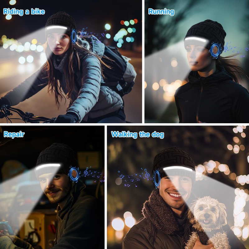 Bluetooth Beanie with Light, Music Knitted Hat, USB Rechargeable, Contains 40 White Light Beads, Winter Christmas Gift for Family, Men, Dad and Father