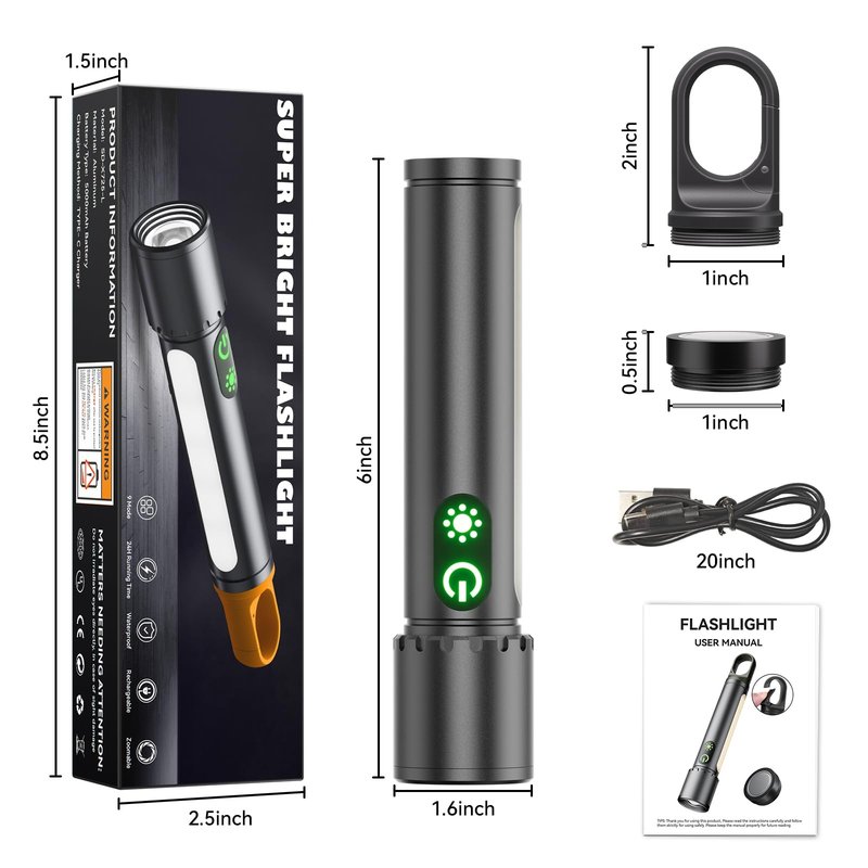 High Lumens Flashlight Rechargeable-Magnetic,Hanging,Zoom Beam,Side Light Multi-Function LED Flashlights Super Bright Powerful Waterproof Flash light for Camping,Emergency,Hiking,Dog Walking,Home