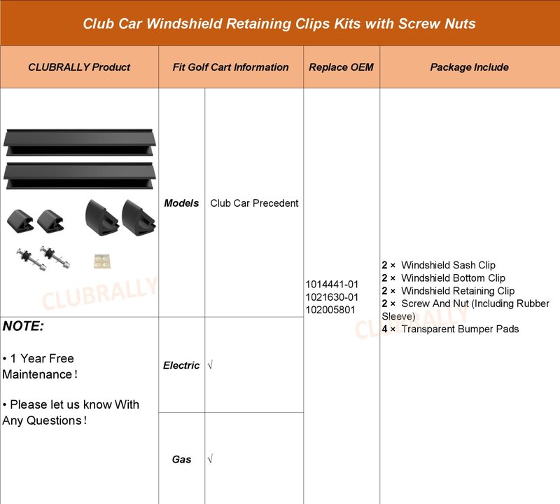 CLUBRALLY Club Car Precedent Golf Cart Windshield Retaining Clips Kits with Screw Nuts, OEM#1014441-01, 1021630-01