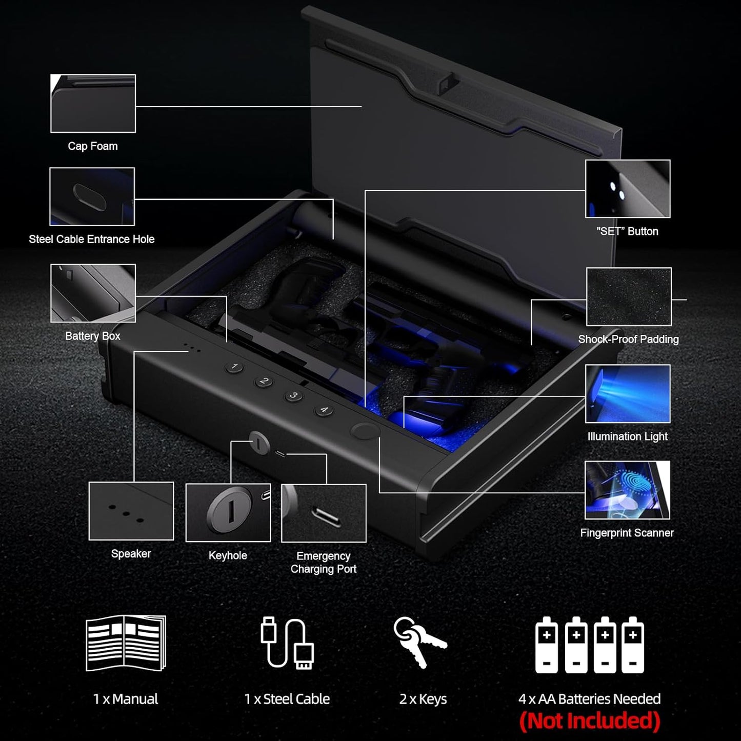 Biometric Gun Safe for Handgun - Quick Access Pistol Safe with Fingerprint & Voice Navigation | Interior Light, Mute Mode, Steel Cable Included