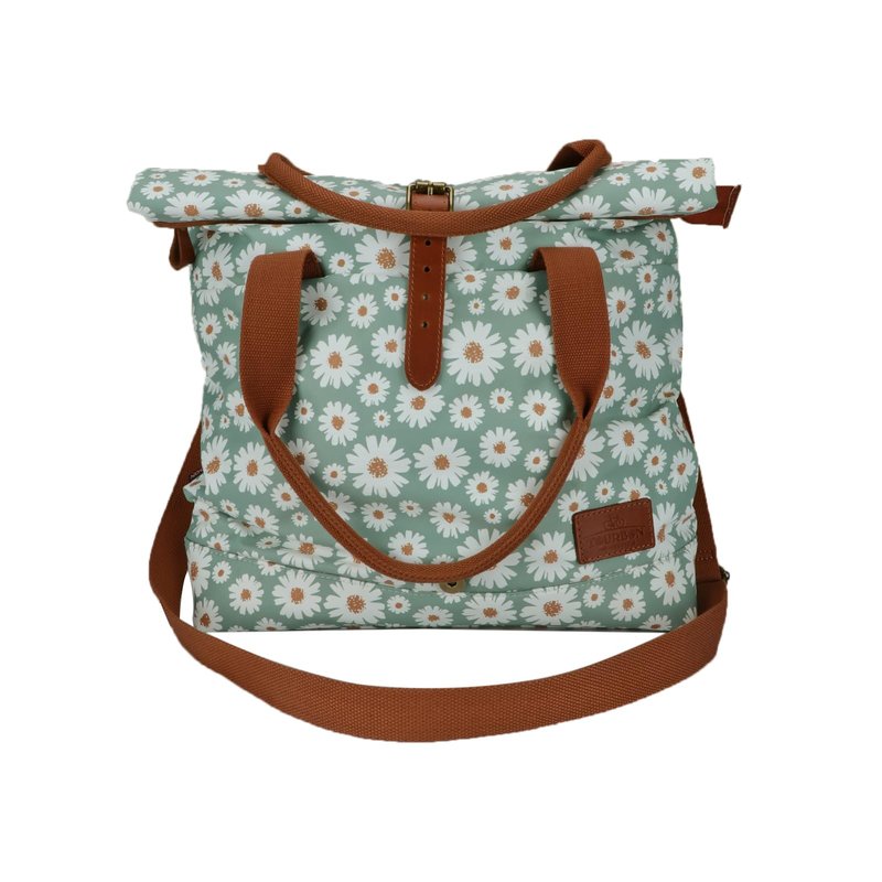 TOURBON Nylon and Leather Roll-top Clip-On Bicycle Panniers Women's Shoulder Tote Bag (Light Green with Flower)