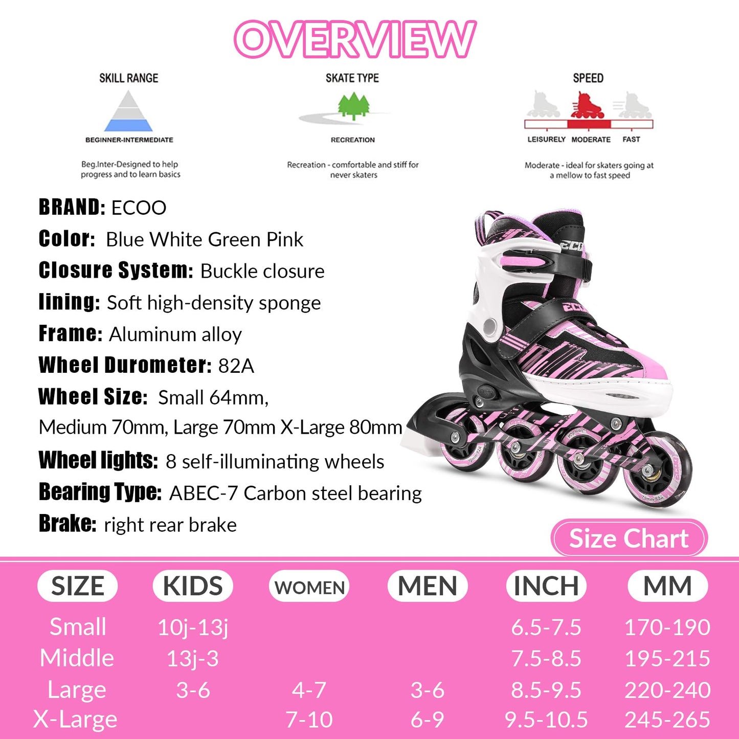 ECOO Adjustable Inline Skates Boys and Girls with Light up Wheels,Roller Skates for Kids Ages 4-12, Teen Skates for Beginner Outdoor and Indoor (Pink, Large-Youth(3-6 US))