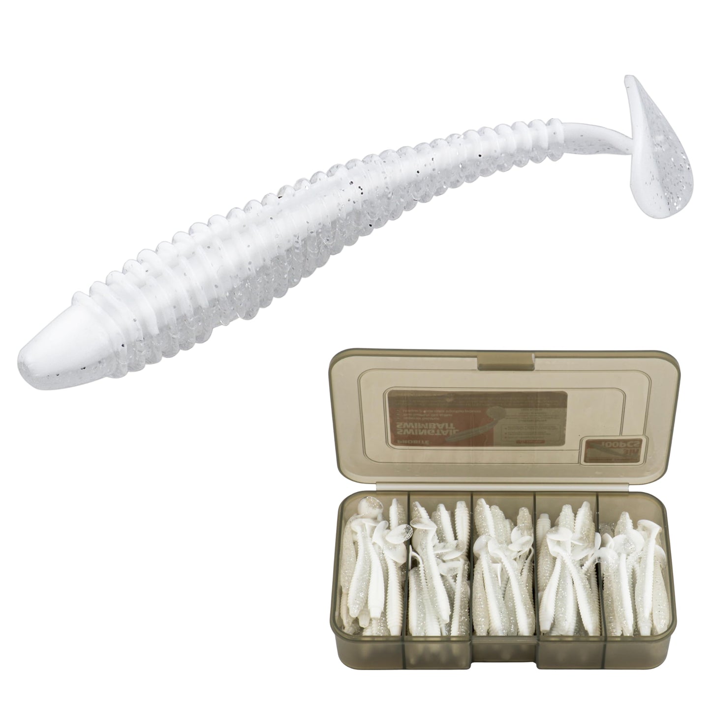 100pcs Swimbaits Paddle Bulk Lure Kit, Soft Fishing Lures for Bass Trout Crappie, Durable Swimmer for Saltwater/Freshwater(Silvery White, 3in)