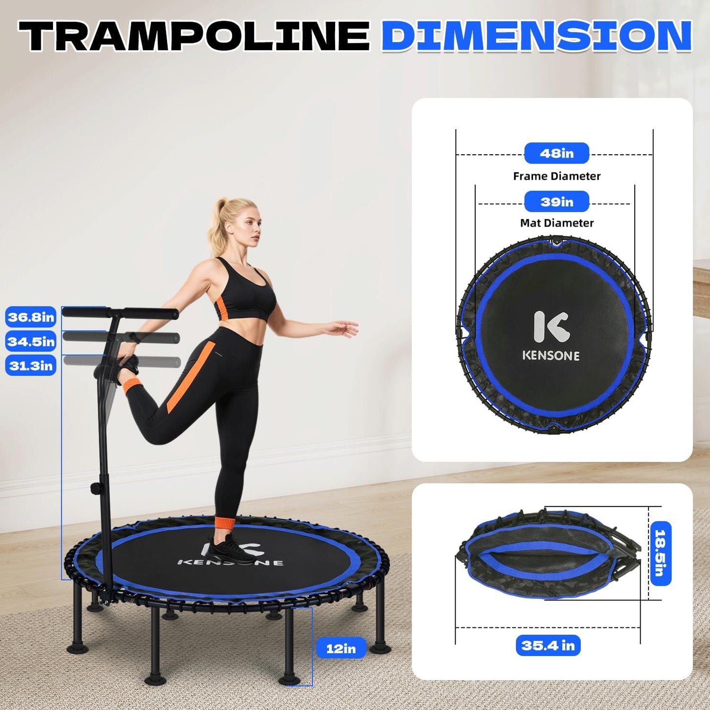 K KENSONE Foldable Rebounder Trampoline - 40/48" Indoor Mini Trampoline for Adults | 450/550 LBS Capacity, Quiet Bungee Design for Home Fitness