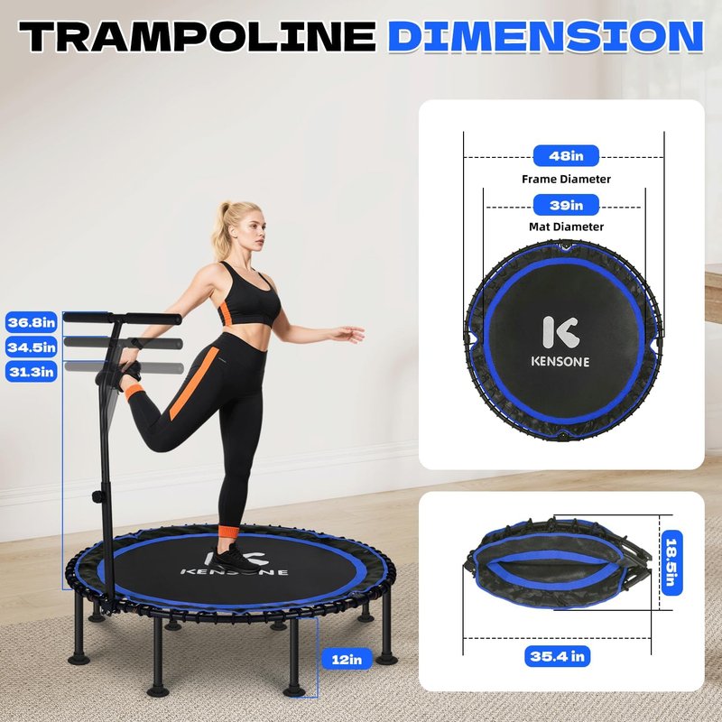 K KENSONE Foldable Rebounder Trampoline - 40/48" Indoor Mini Trampoline for Adults | 450/550 LBS Capacity, Quiet Bungee Design for Home Fitness