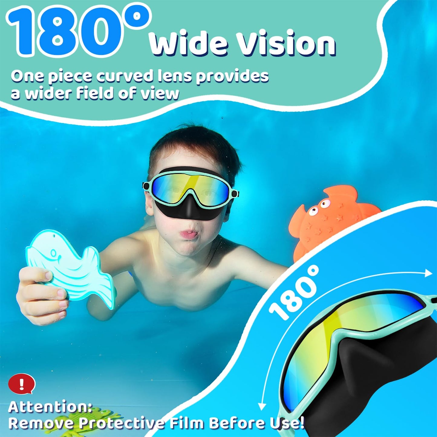 Vvinca Swim Goggles with Nose Cover, 2 Pack Wide View Diving Mask Anti-Fog UV No Leak Toddlers Swimming Goggles for Kids 3-12