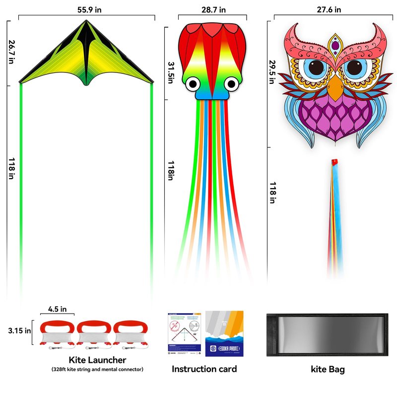 Kites for Adults & Kids Ages 4-8,Beach Kites Easy to Fly for Beginner, with Handle and 328ft Kite String,Best Toy and Gift for Boys & Girls. (Purple Owl,Grassland,Octopus, 3)