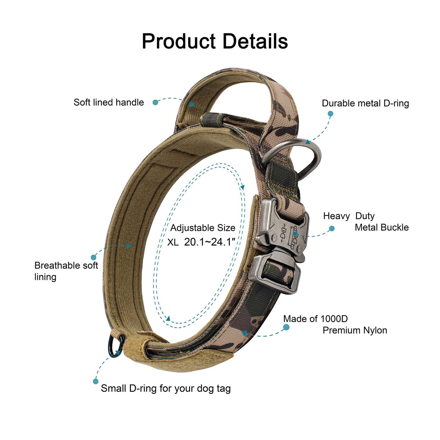 OEBEESA Tactical Dog Collar Adjustable Military Collar: - Nylon K9 Collars with Handle and Heavy Duty Metal Buckle for Medium and Large Dogs with 3 Patches and Airtag Case Holder (XL, Camo)