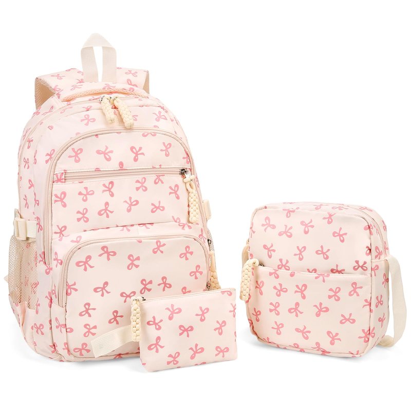 Cohawk Bow Backpack for Women Coquette Aesthetic Nylon Rucksack Cute Kawaii Backpack 3Pcs Set With Bow Pattern