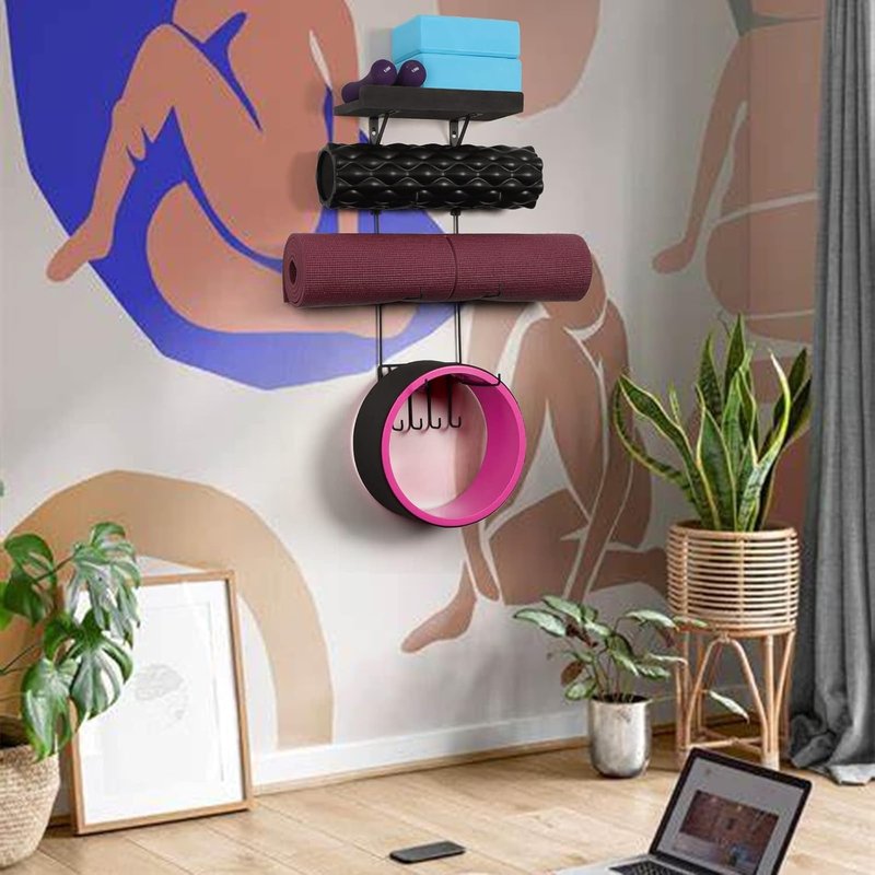 Yoga Mat Holder Wall Mount | Stylish Storage with Wood Shelves & 4 Hooks - Vintage Black