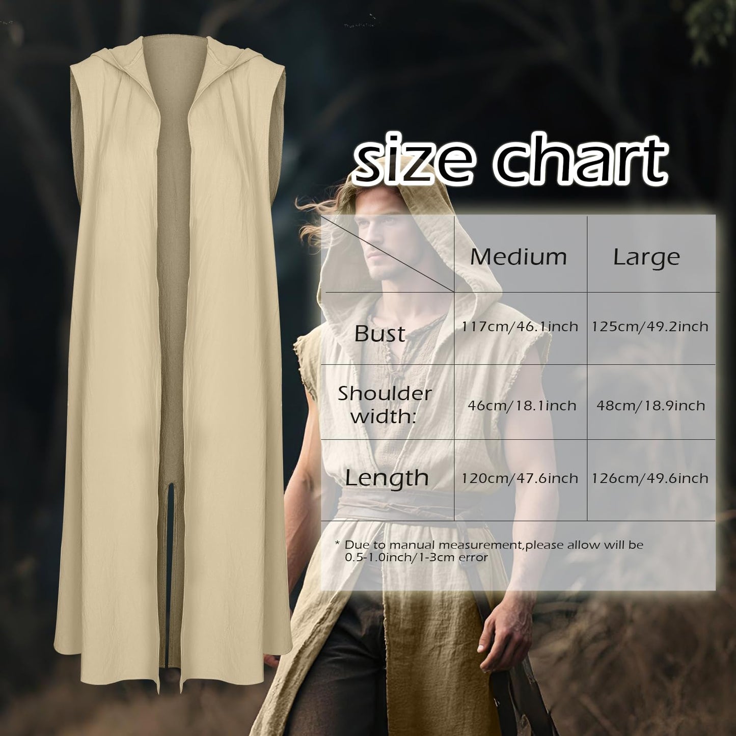 Medieval Sleeveless Hooded Surcoat Renaissance Assassin Costume (Green, L)