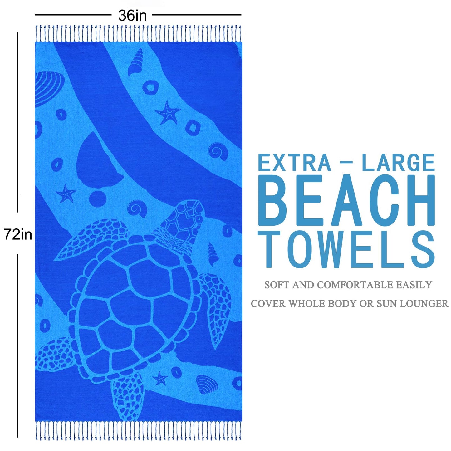 Genovega Oversized Turkish Beach Towel 72"x36" for Adult, Lightweight Quick Dry Bath Pool Swim Blanket, Sand Free with Compact Travel Essentials, Blue Turtle Vacation Cruise Must Haves Clearance