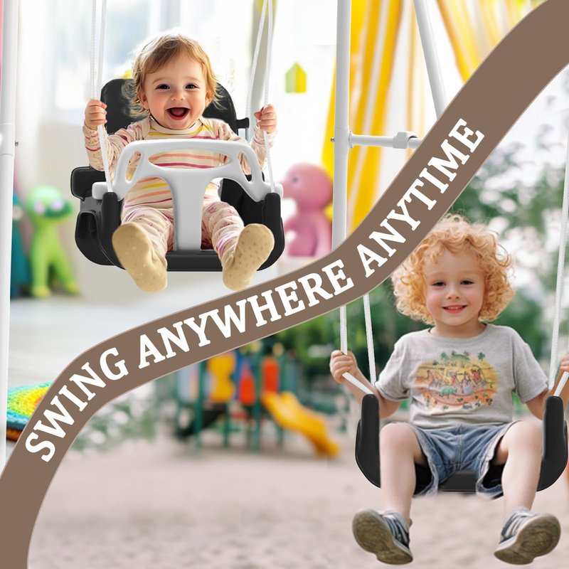 Toddler Swing with Soft Cushion, Foldable Indoor & Outdoor Baby Swing, Easy to Install & Store for Backyard Play (Black)