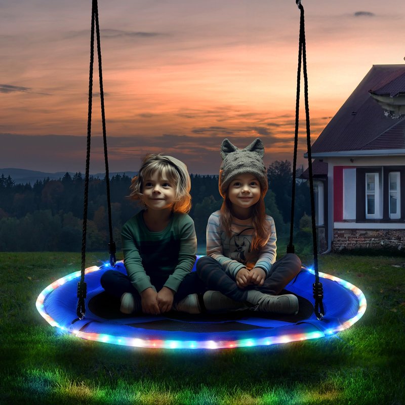 Trekassy 700lbs 40” Saucer Tree Swing with LED Lights for Kids Adults Outdoor 2 Tree Hanging Straps-Blue