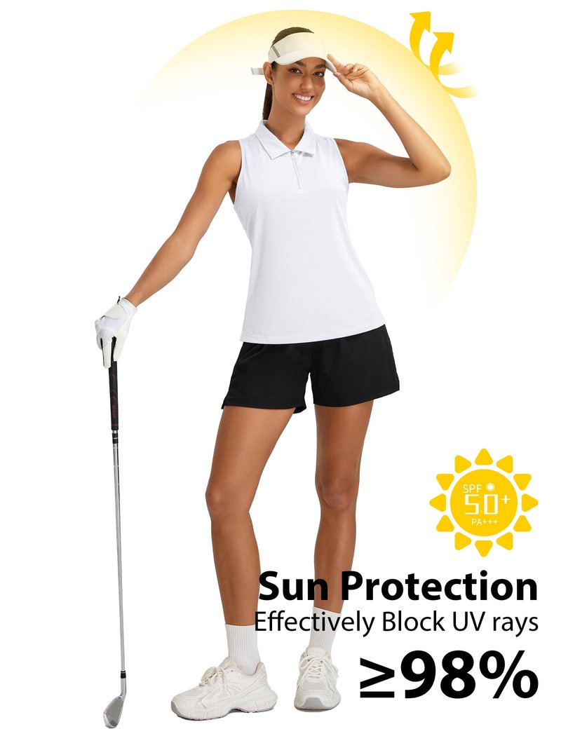 MathCat Womens Golf Polo Shirts, Sleeveless 1/4 Zip UPF 50+ Tennis Tank Top, Racerback with Collar Athletic Shirt Quick Dry White