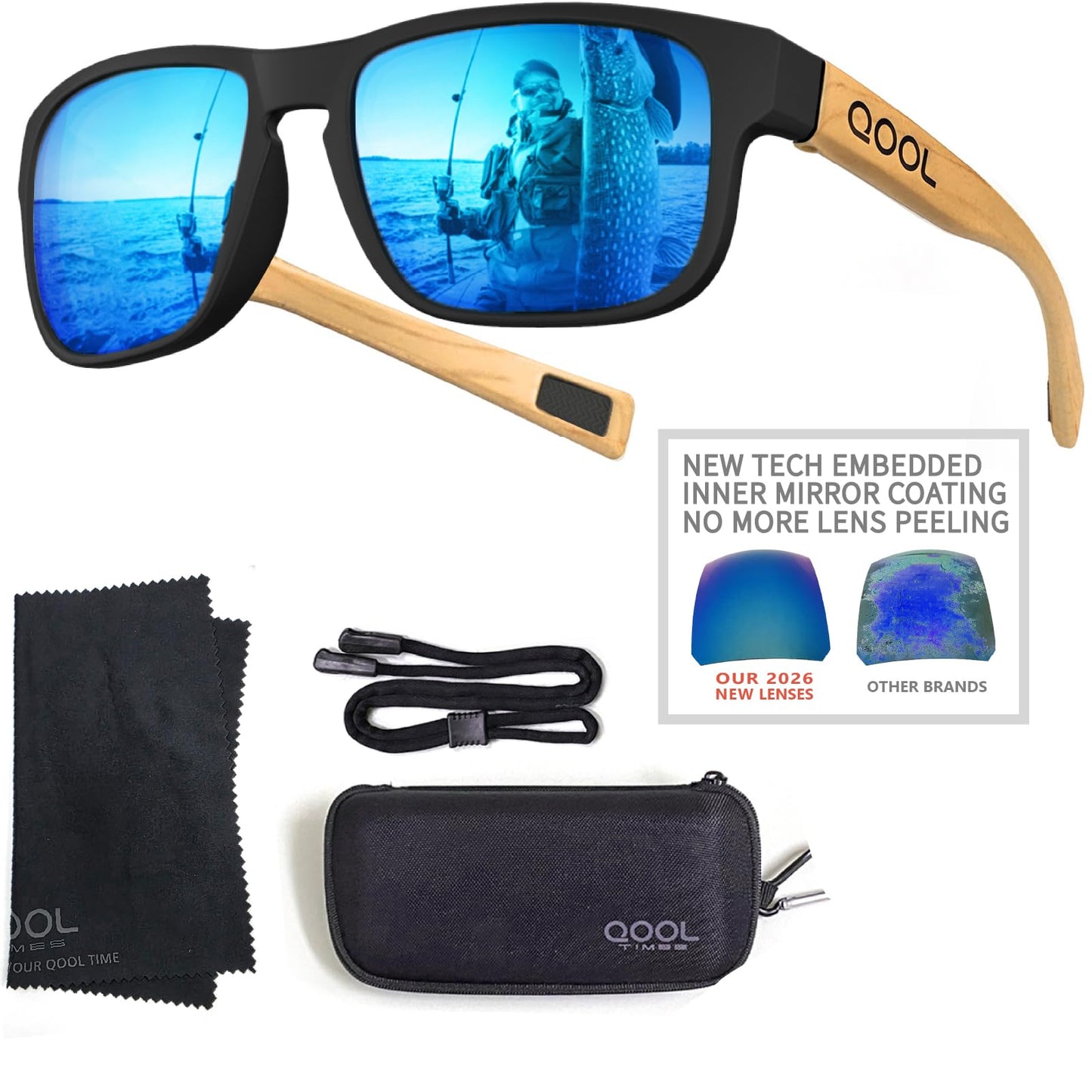 QOOL TIMES F11 Casual sport Wooden Bamboo Blue Sunglasses Temples for Men Women, Running Driving Golfing Cycling Hiking Fishing baseballand Outdoors