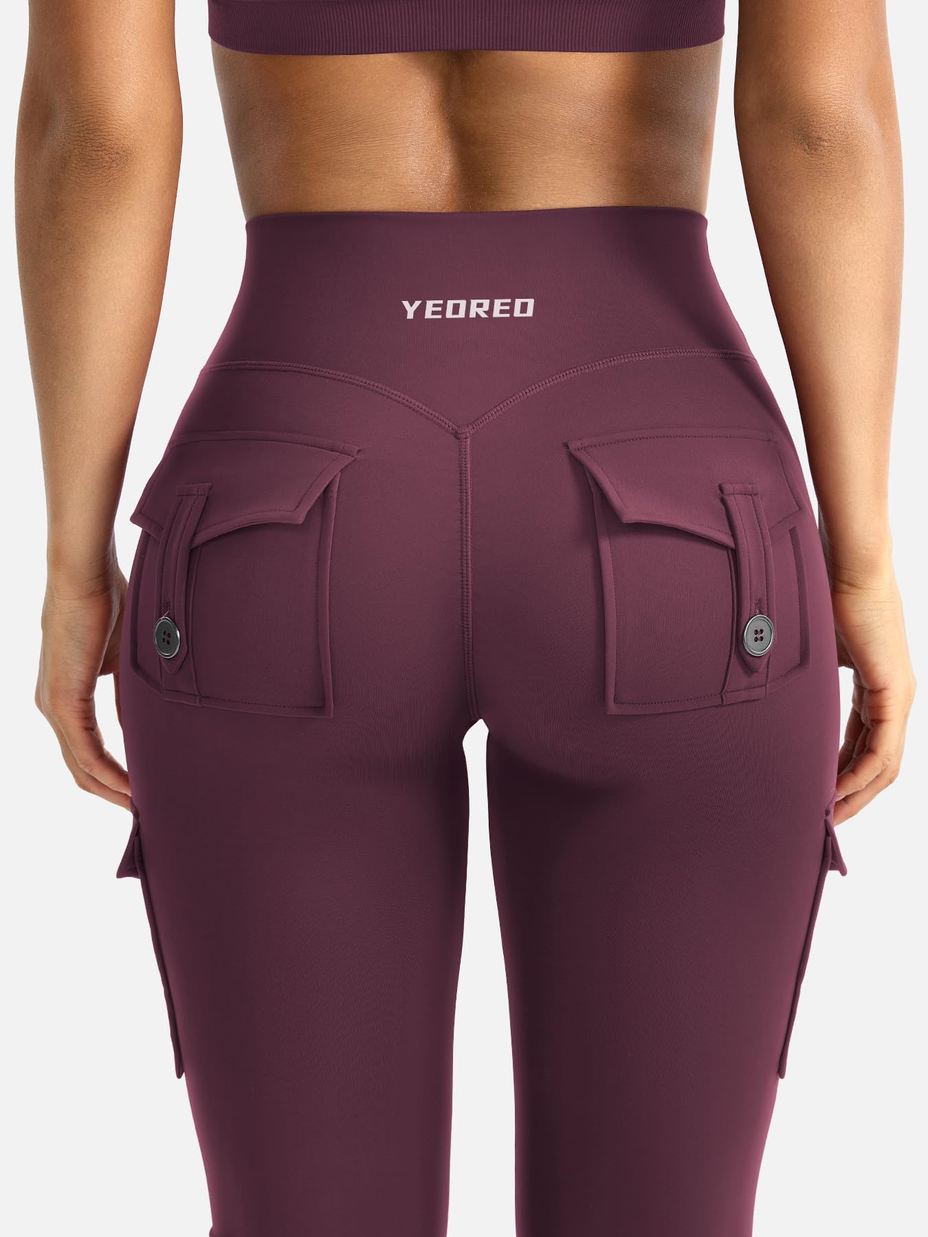YEOREO CoreFlex Women Workout Flare Leggings with Pockets Hidden Scrunch High Waisted Cargo Gym Yoga Leggings Dark Cherry M