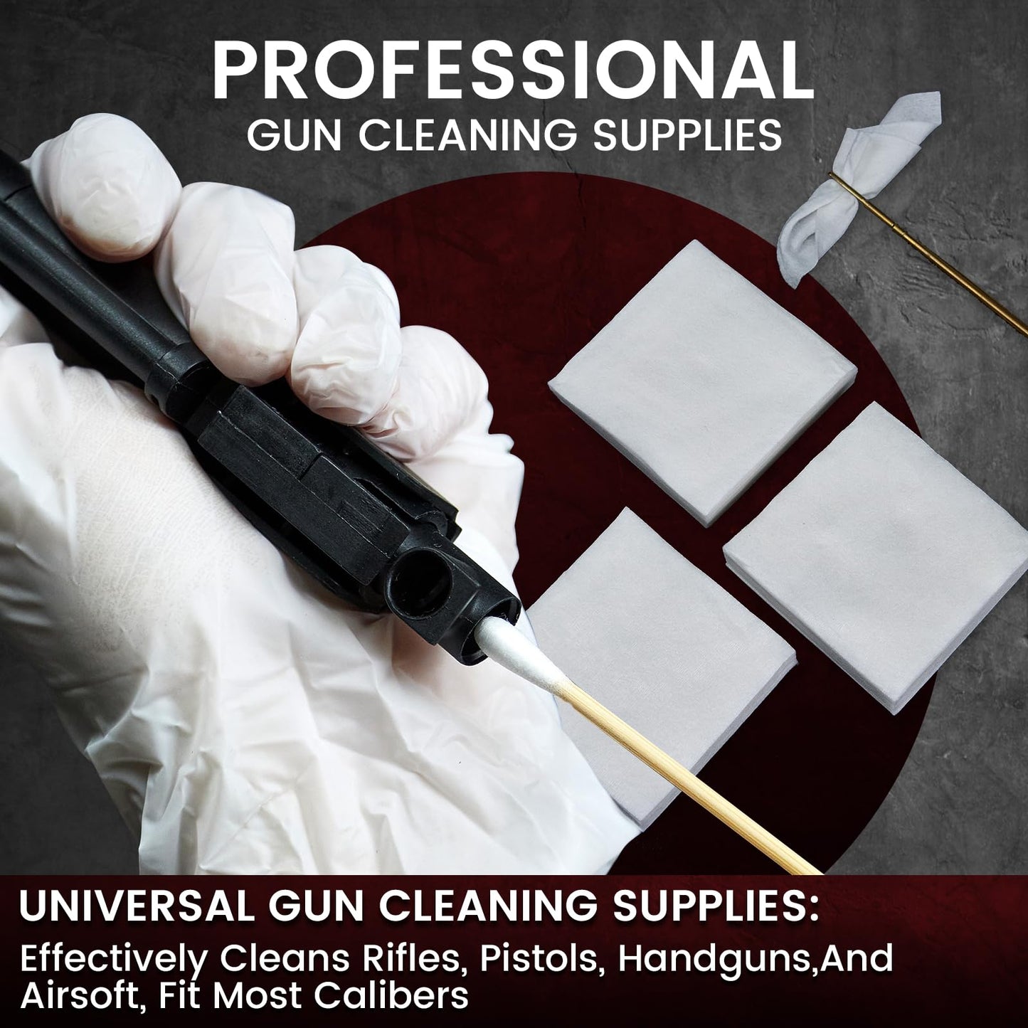 800PCS Gun Cleaning Suppliess- 600PCS Gun Cleaning Patches 2'' Lint Free and 200PCS (400 Tips) Cotton Swabs 6" Long Double Ended for Most Calibers Clean and Maintenance
