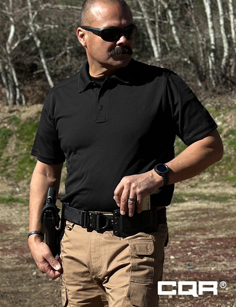 CQR Men's Quick Dry Tactical Polo Shirt, Lightweight Breathable Performance Polo, Short Sleeve UPF 50+ Outdoor Golf Shirt, Frost Essential Black, X-Large