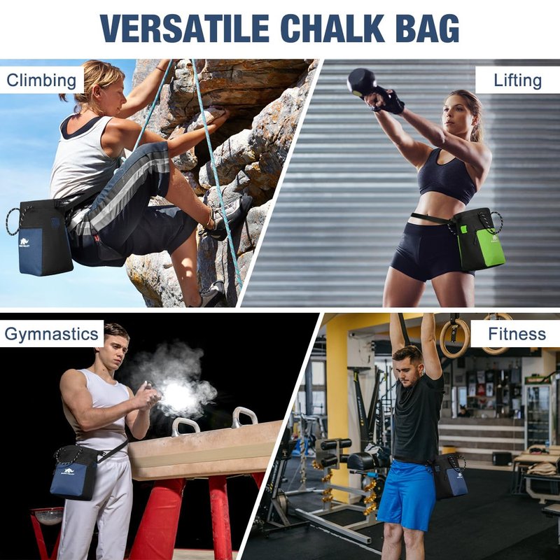 Rhino Valley Chalk Bag for Rock Climbing, Large Bouldering Chalk Bucket with Magnetic Closure/Zipper Pocket-Weight Lifting, Gym, Disc Golf, Wall, Rock Climbing Gifts Gear Accessories, Navy Blue+Black