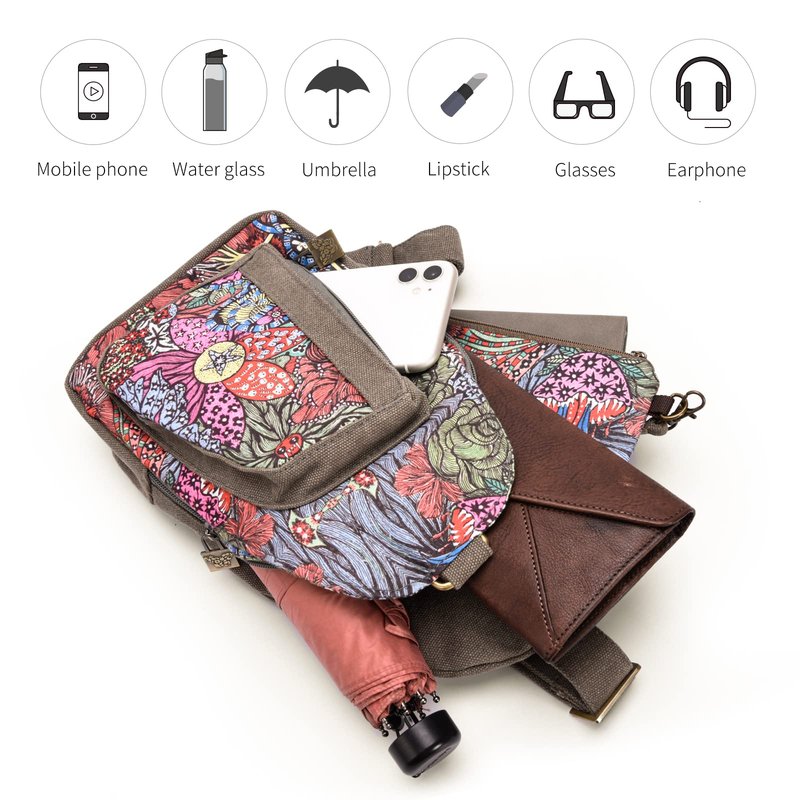 Black Butterfly Bohemian Floral Canvas Sling Bag for Women Men, Lightweight Crossbody Chest Bag for Travel Hiking, Adjustable Shoulder Strap Daypack with Multiple Pockets (Grey)