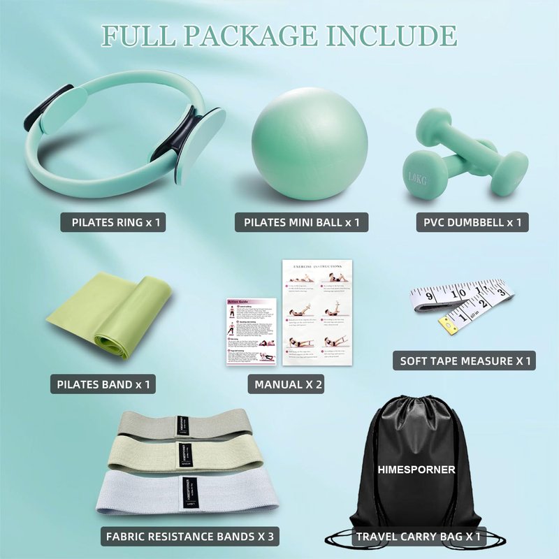 HIMESPORNER Pilates Equipment Kit for Home Workout, Pilates Ring and Ball Set with 2.2lb *2 Dumbbells, Fabric Resistance Bands, Tape Measure, Bag, Pilates Essentials Accessories for Women Yoga