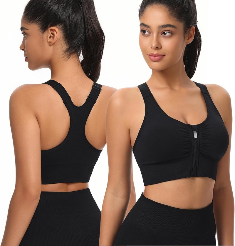 Adjustable Zip Front Sports Bra for Women | Medium Support, Padded, Racerback Design, Seamless Yoga Athletic Bra