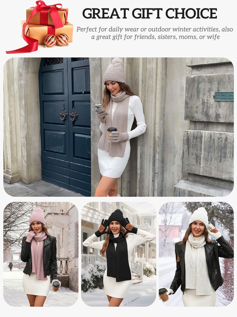 Women's Winter Beanie Hat Scarf Gloves Set,Fleece Lined Knit Pom Hat Long Scarf with Touchscreen Gloves Gifts for Women,Brown