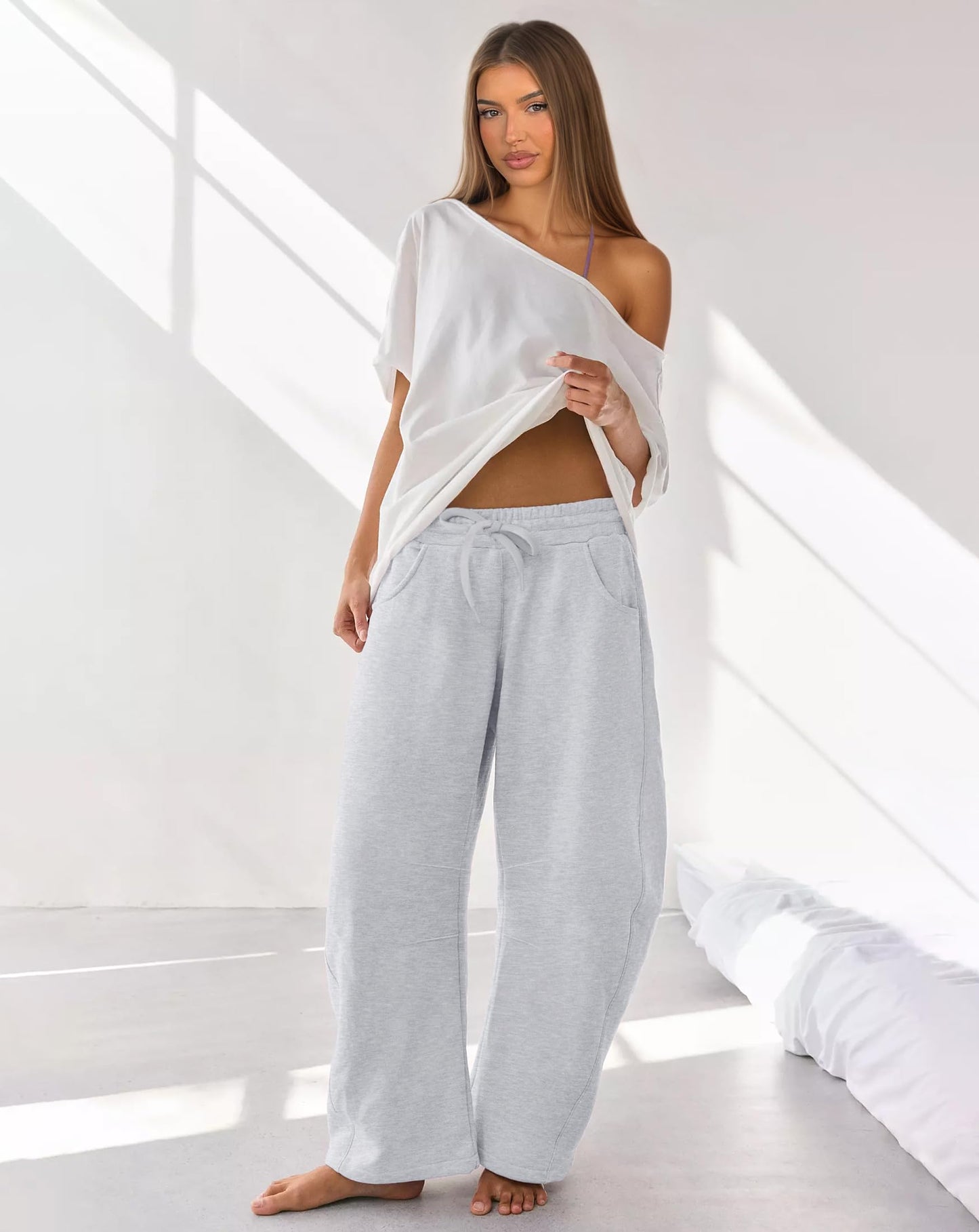 IWD Womens Sweatpants 2026 Baggy Wide Leg Pants Casual Elastic Waisted Drawstring Barrel Sweat Pants with Pockets (Light Grey, Large)