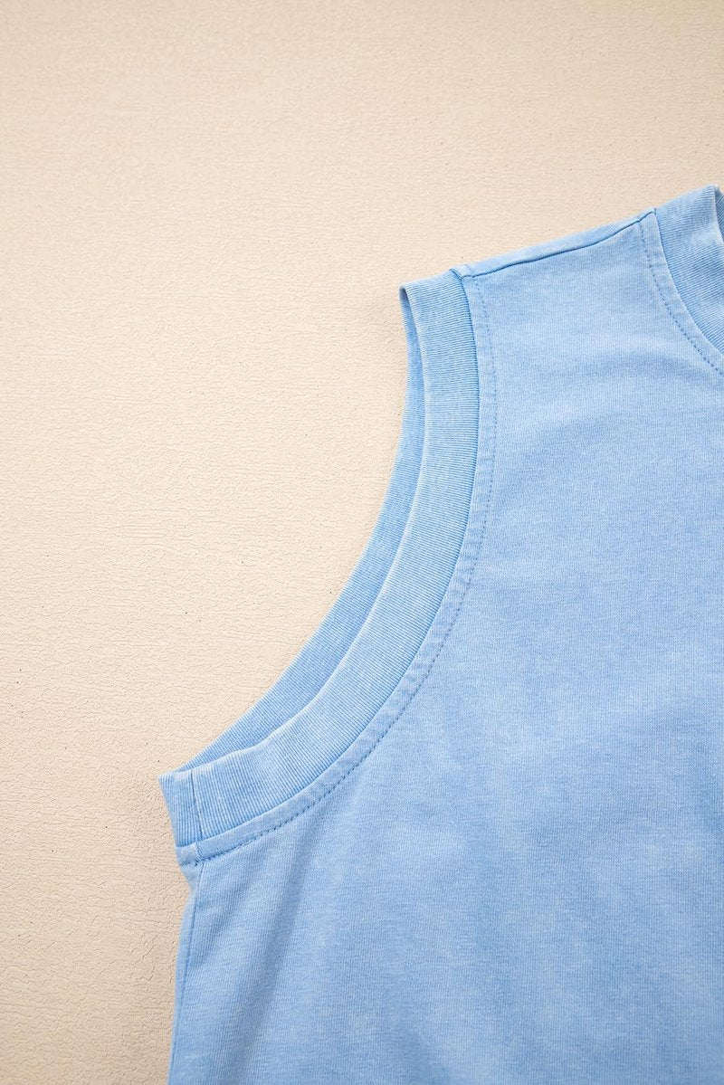 KevaMolly Womens Travel Outfits Summer Lounge Set 2 Pieces Mineral Wash Cotton Tank Top Lined Split Athletic Skirt Set Blue M