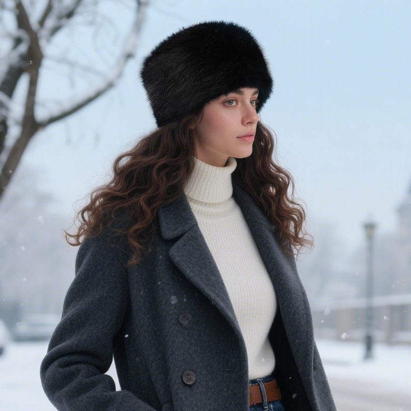 Lanpet Women's Winter Hat Faux Fur Furry Hat for Cold Weather Cossak Russian Style Warm Fluffy Cap Black