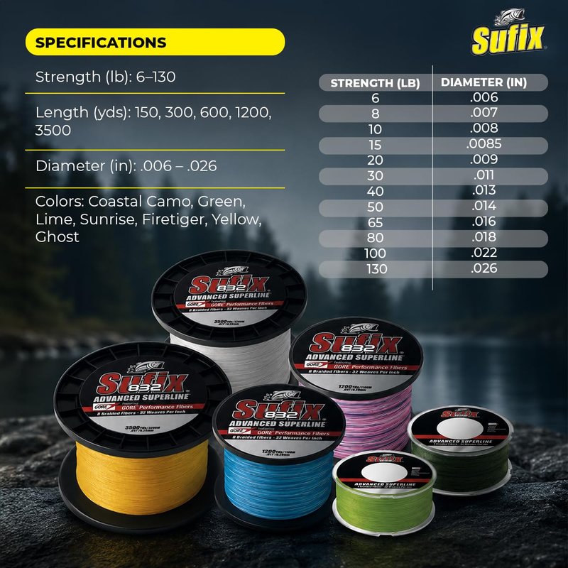 Sufix 832 Braid Line-3500 Yards (Neon Lime, 80-Pound)