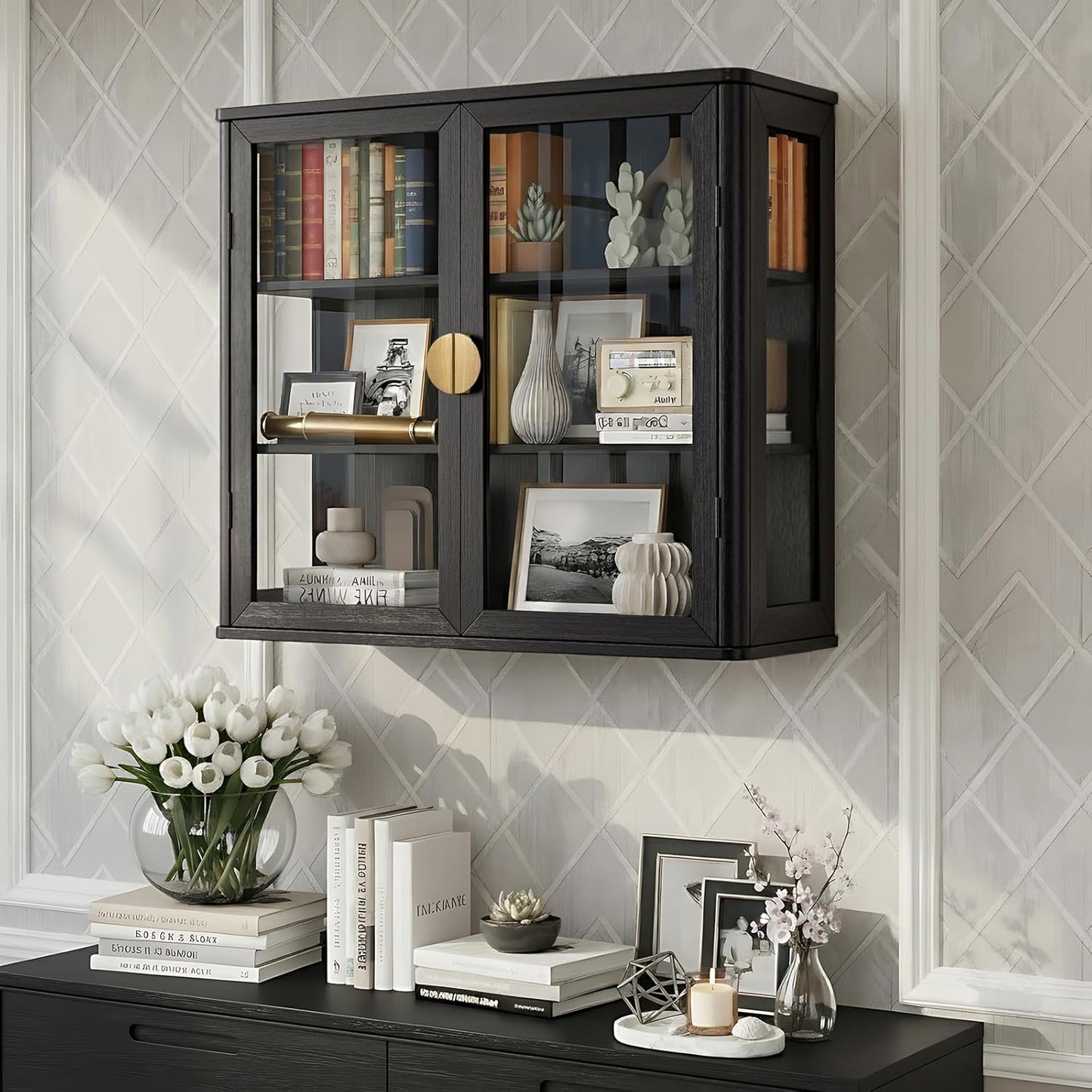 Bathroom Wall Cabinet Set of 2 - 56" Floating Display Cabinet with Glass Doors | Adjustable Shelves, Black with Golden Handles