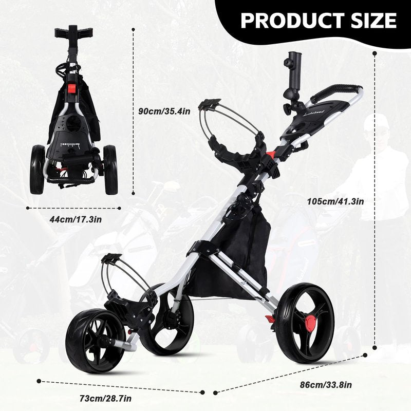 Lakehood Golf Push Cart - 3 Wheel Golf Cart for Easy Transport & Storage, Height-Adjustable Handle for All Ages, Push Golf cart - Perfect for Golf Courses & Practice Sessions (Black)