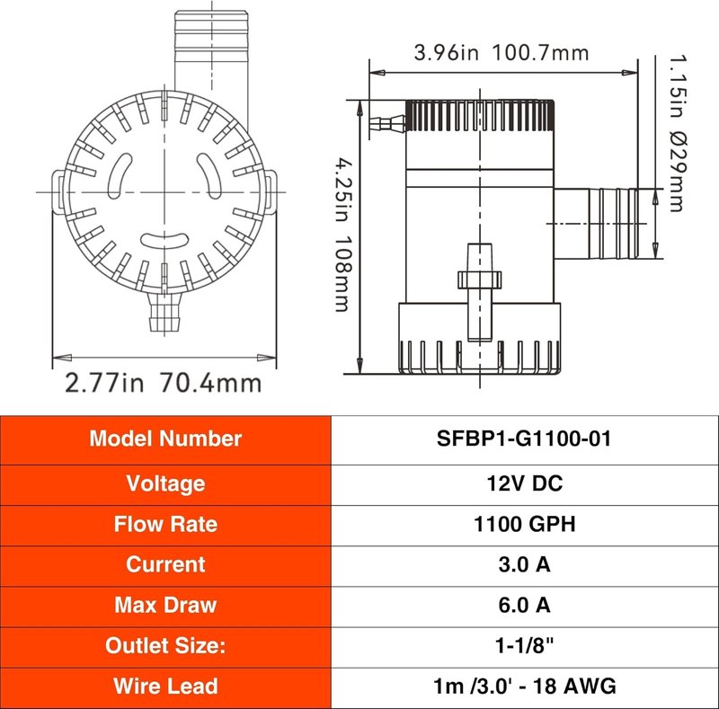 SEAFLO 1100 GPH Bilge Pump - 12V Marine Submersible Pump with Anti-Airlock Protection | 1-1/8" Outlet, CE & RoHS Certified