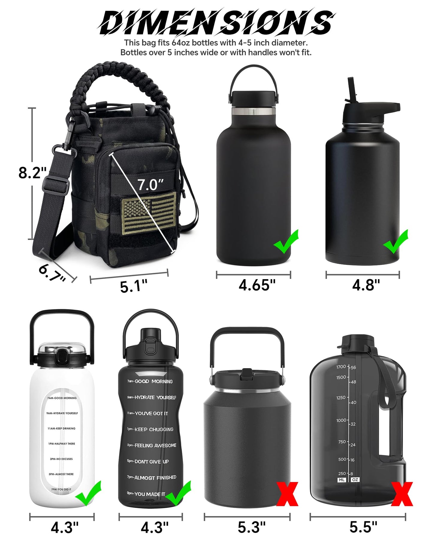 DEFUNX 64 Oz Water Bottle Sleeve - Water Jug Holder with Strap Cross-Body Bottle Carrier with MOLLE System Tactical Military Style Bag Camo Black