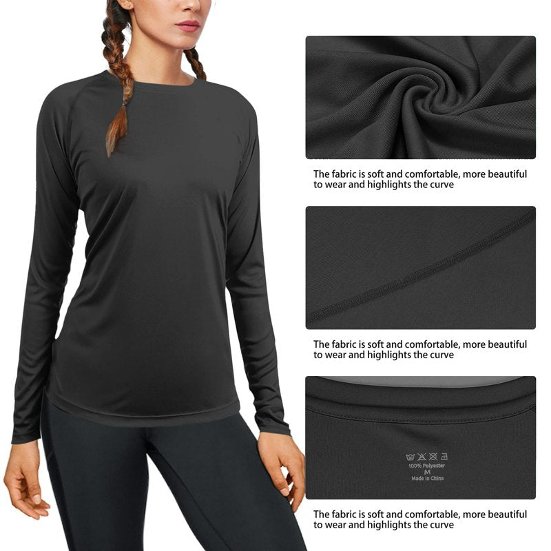 isnowood Women's Sun Protection Long Sleeve Shirts, UPF 50+ UV Rash Guard Swim Shirt, Workout Hiking Running Athletic Tops Black